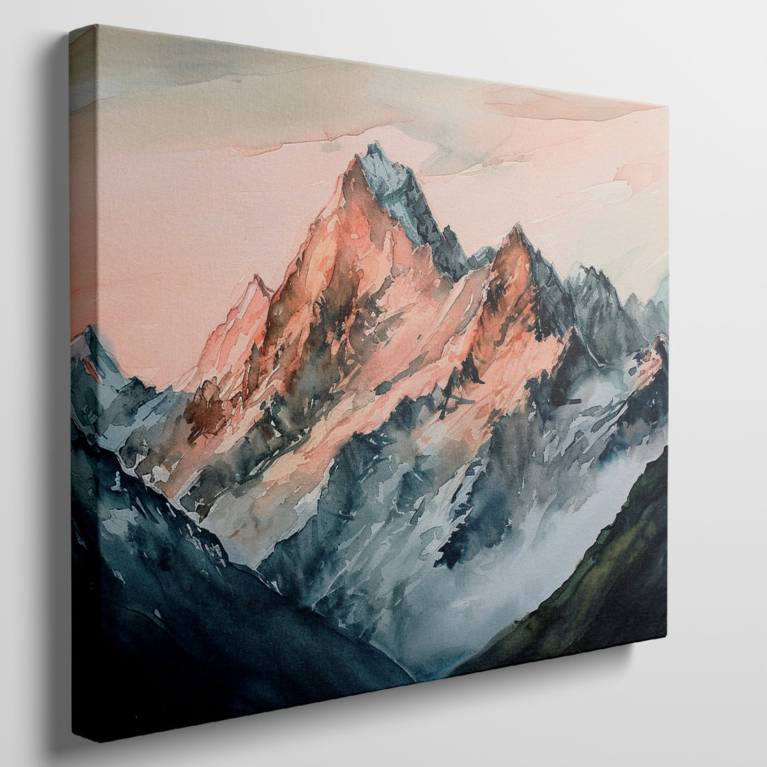 Framed canvas print of impressionist watercolor mountain landscape with sunset hues