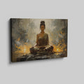 Framed canvas print of serene woman in meditation with warm, golden hues