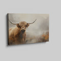 Framed canvas print of a majestic Highland Cow in a foggy autumnal landscape with warm earthy tones