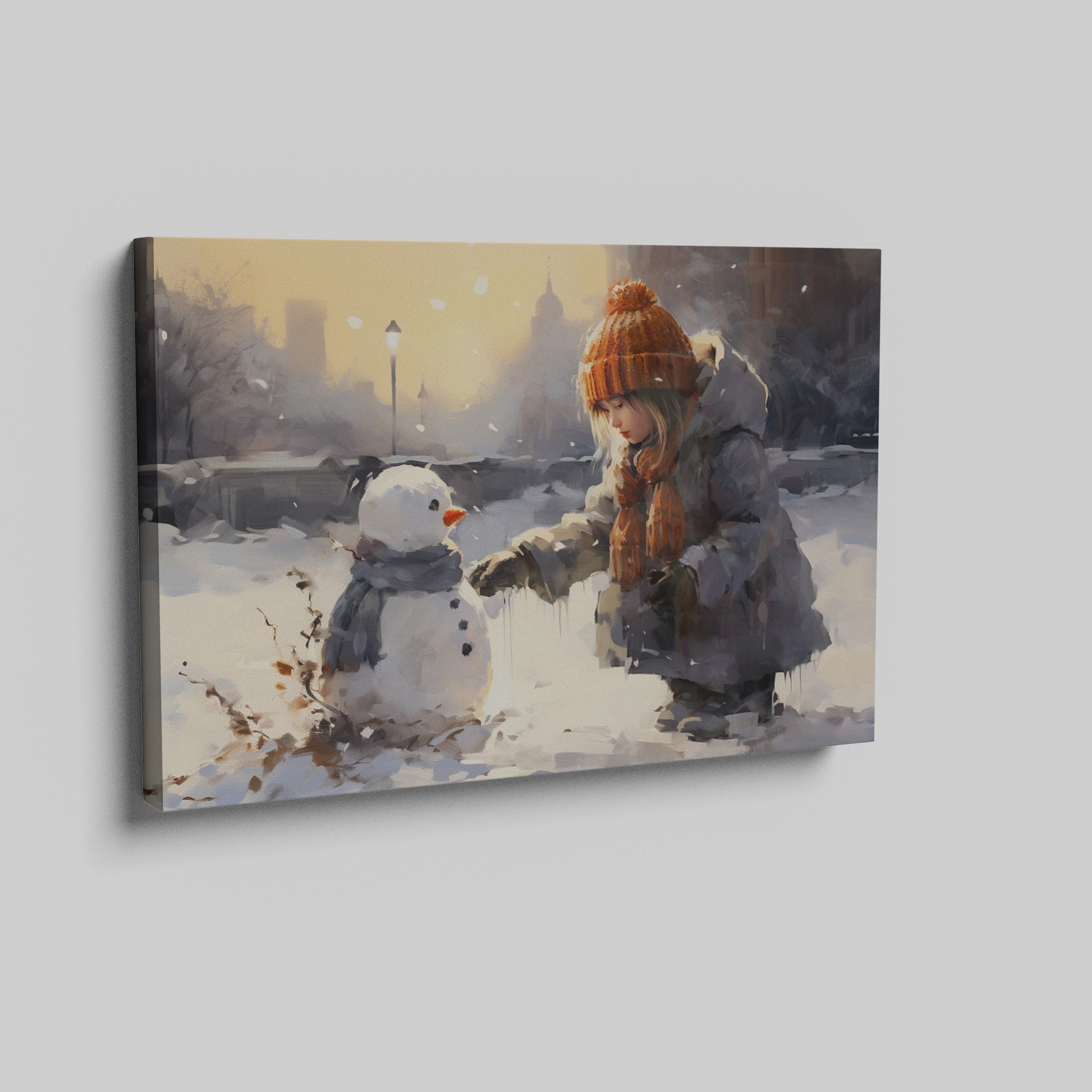 Framed canvas print of a child building a snowman in a snowy urban park during golden hour