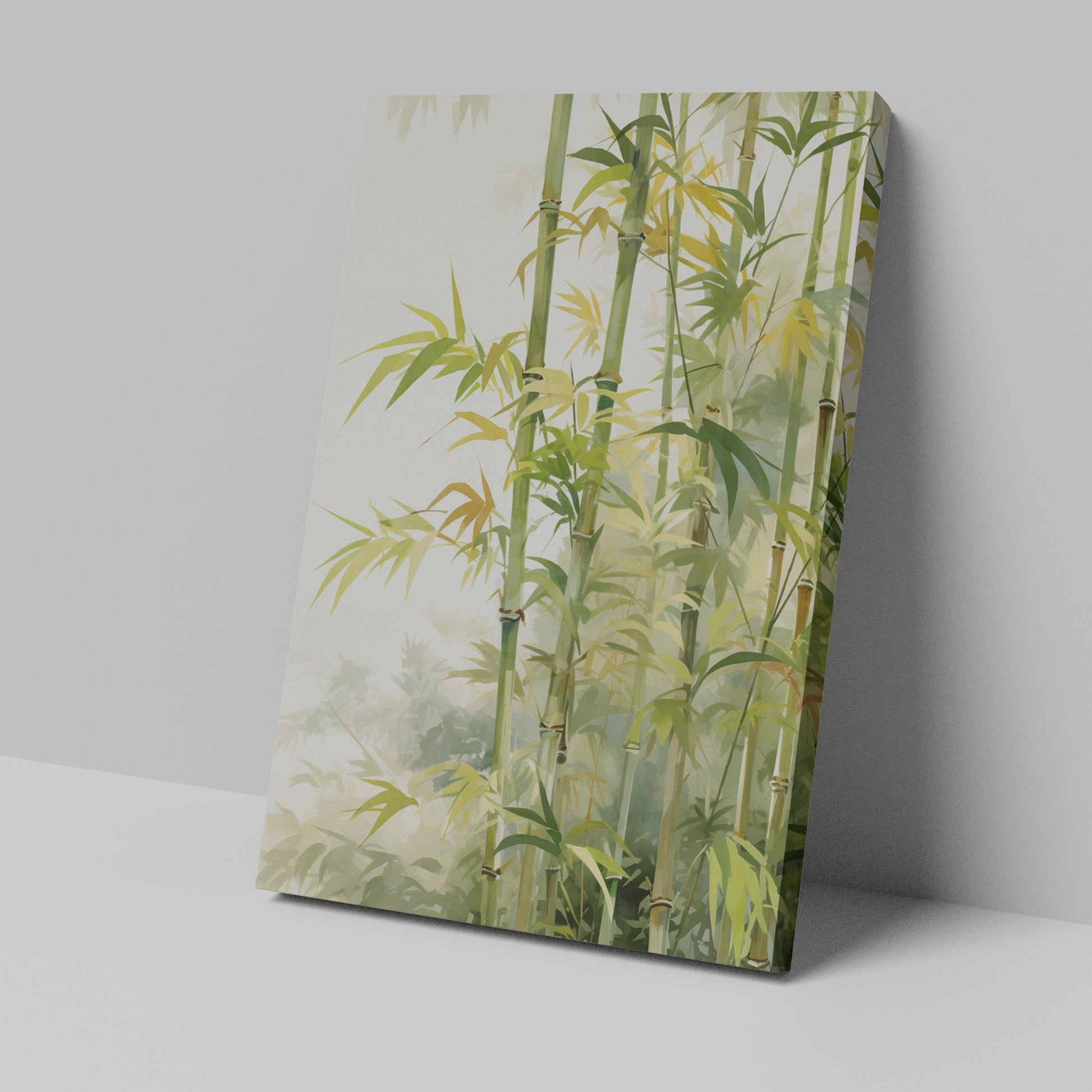 Framed canvas print of a tranquil bamboo grove in warm and cool shades, ideal for a nature-inspired interior