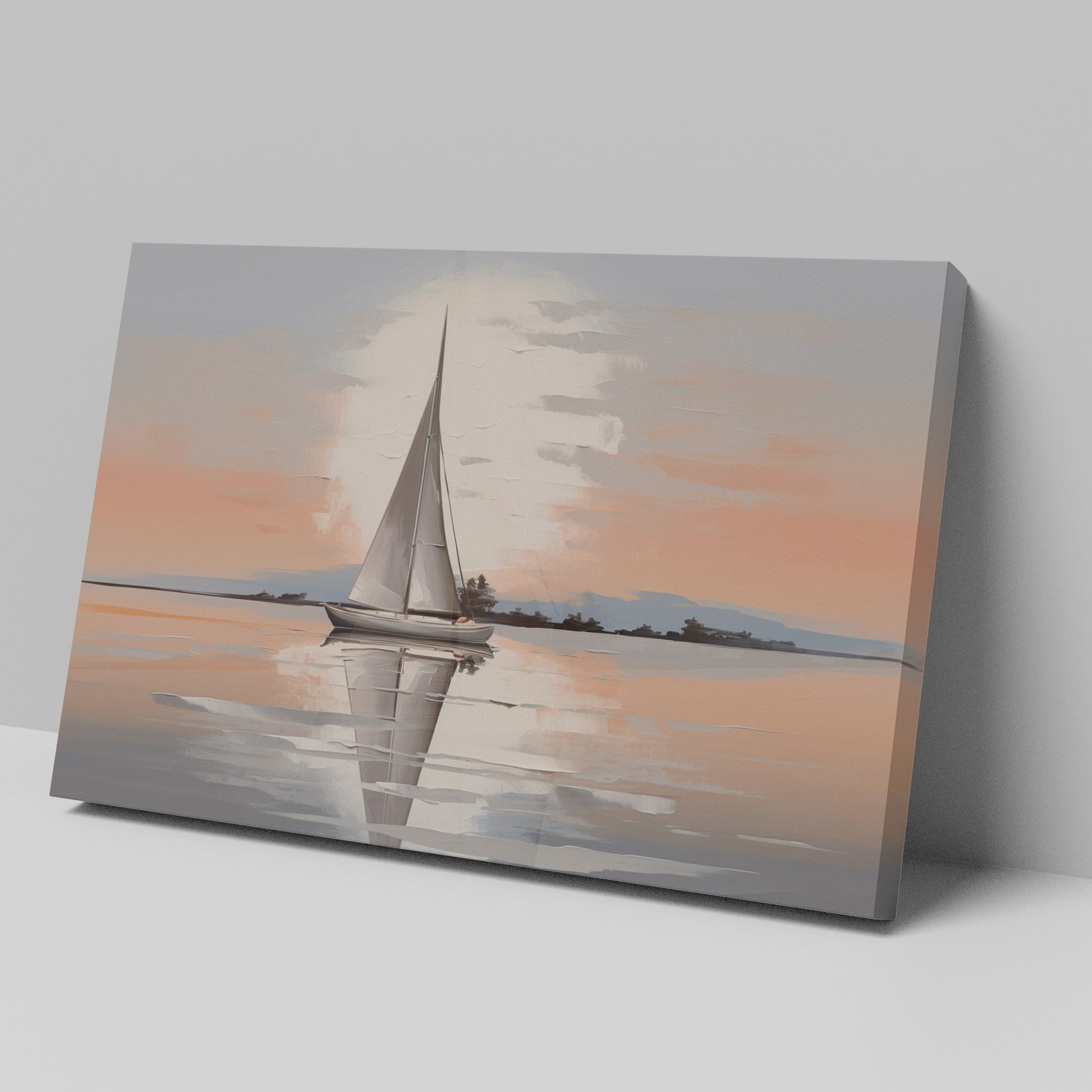 Framed canvas print of a sailboat at sunset with reflections on tranquil waters