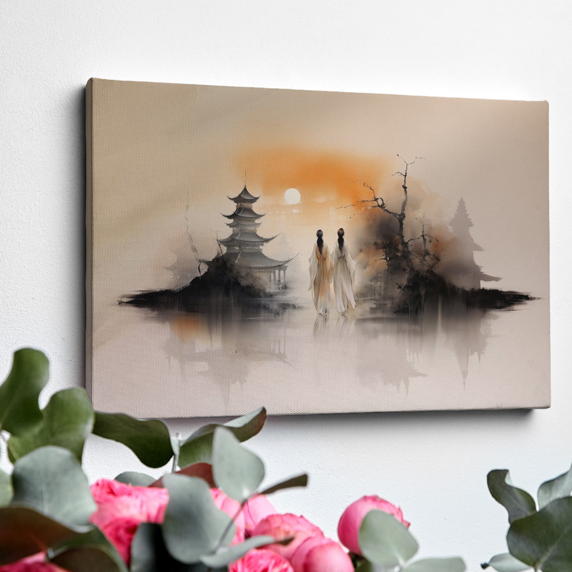 Framed canvas print of a serene oriental landscape with a sunset, pagoda, silhouetted figures, and peaceful water reflection in warm tones.