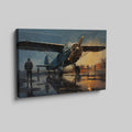 Framed canvas print of vintage warplane at a reflective wet airfield during twilight