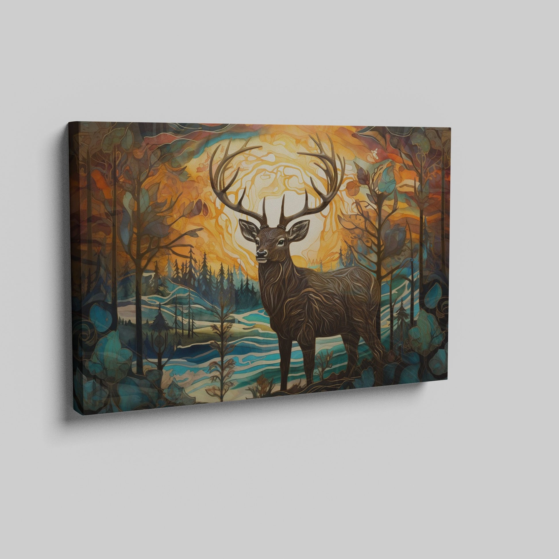 Artistic canvas of a stag in an autumn-toned forest with stylized trees and foliage