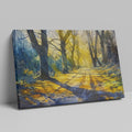 Framed canvas print of a sunlit path through a misty forest in watercolour with vibrant yellow and cool blue tones