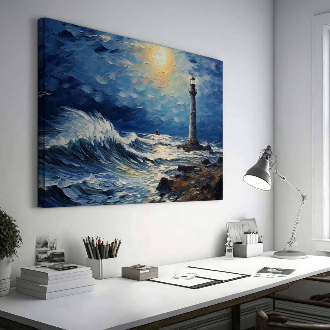 Framed canvas print of a vibrant impasto painting featuring a lighthouse at sunset with dynamic ocean waves