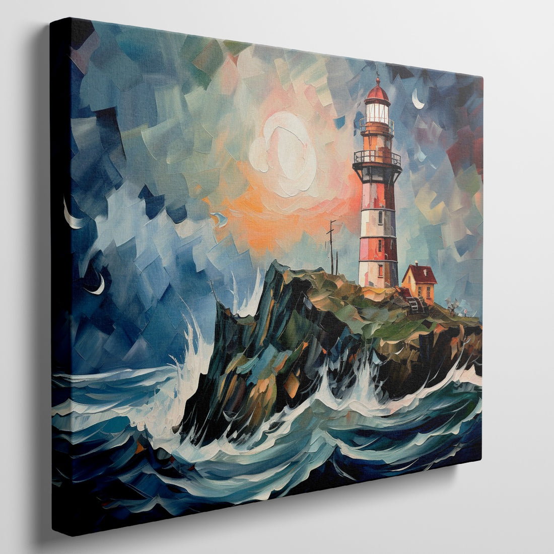 Framed canvas print of an abstract lighthouse seascape with vibrant sunset and dynamic brushstrokes