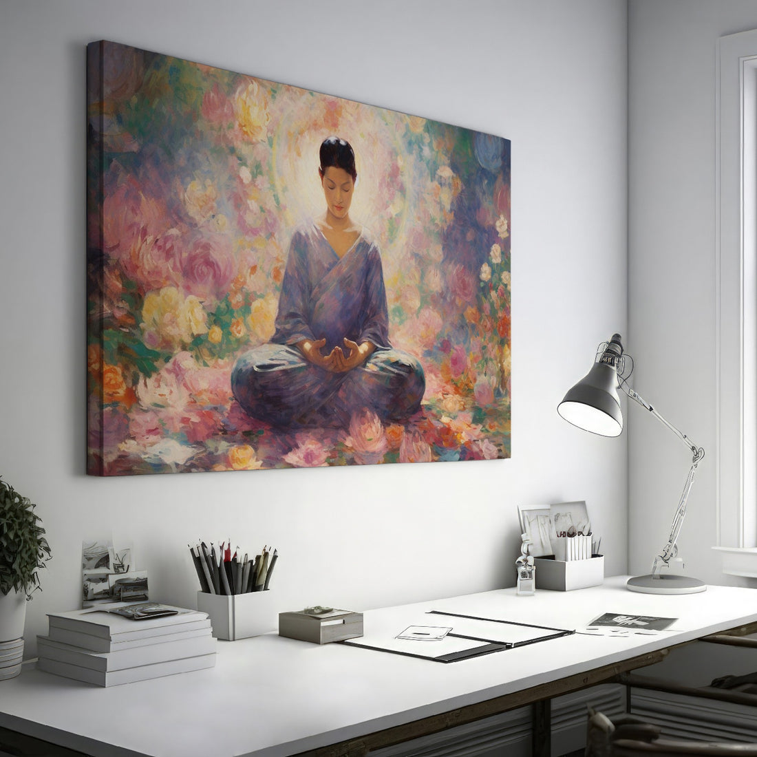 Framed canvas print of a meditative figure in a floral garden with soft pastel tones