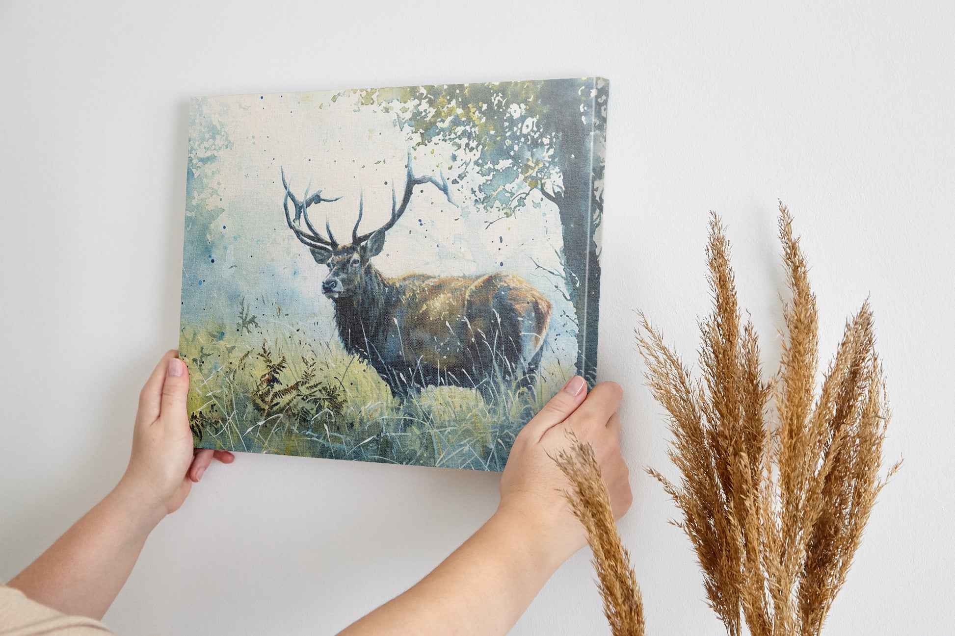 Framed canvas print of a watercolour stag in a serene woodland setting