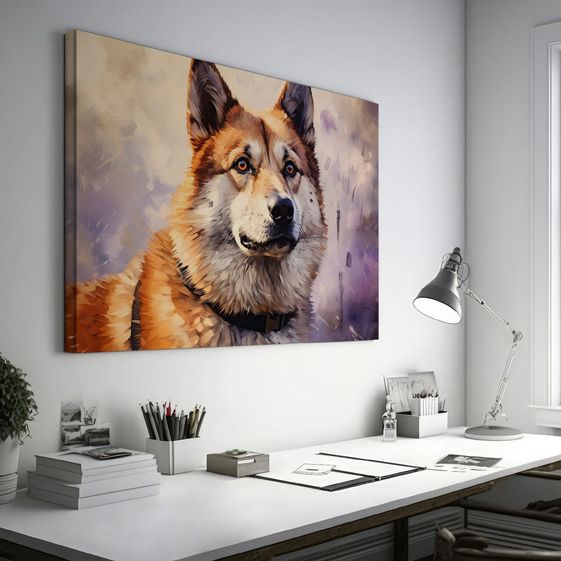 Framed canvas print of a detailed and textured digital painting of a majestic dog in warm colours