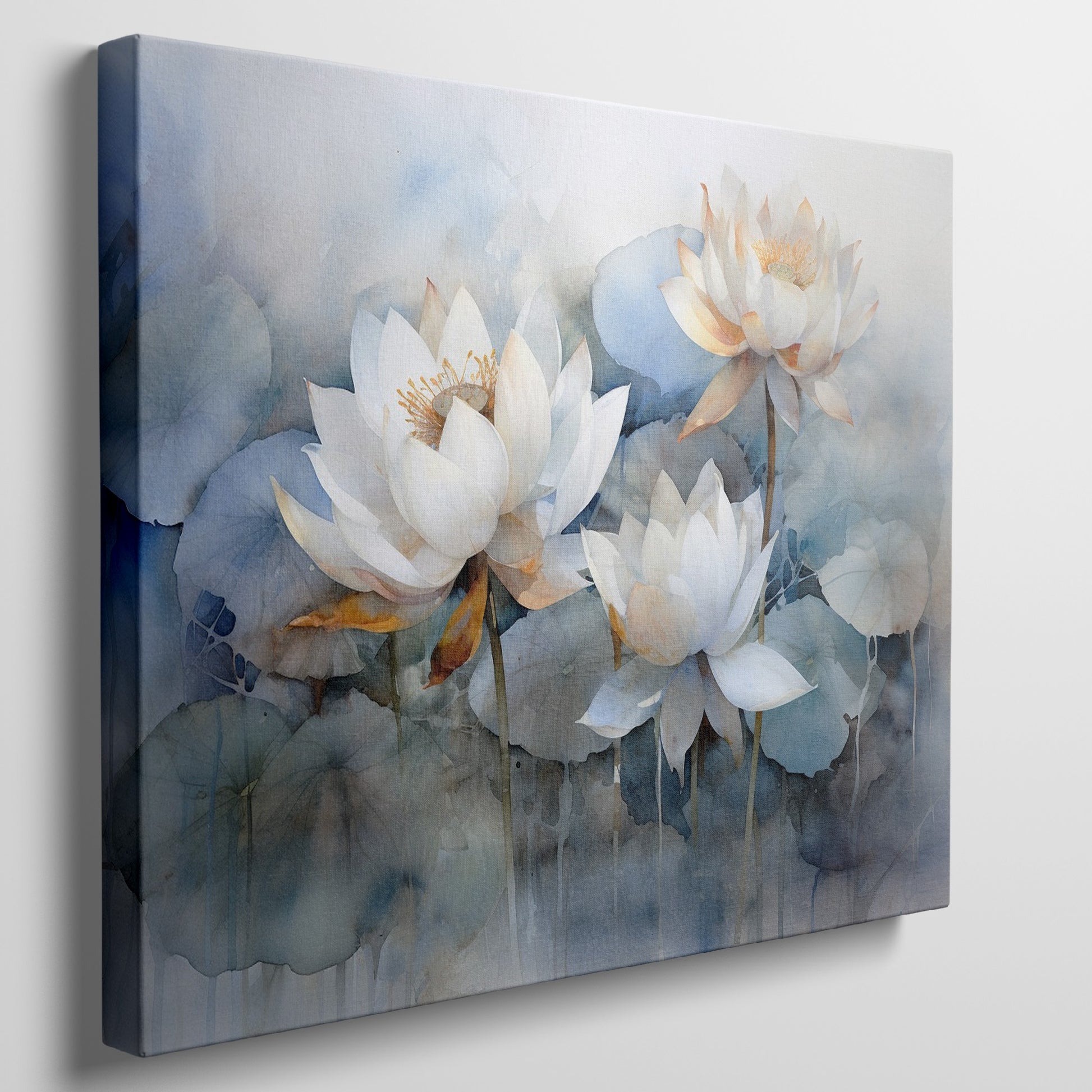 Framed canvas print of ethereal blue and white watercolour lotus flowers with a tranquil vibe