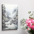 Framed canvas print of a tranquil mountain stream with misty forest backdrop