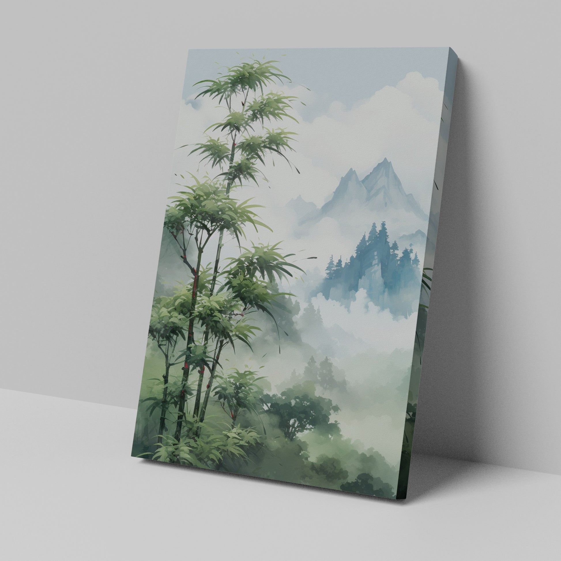 Framed canvas print of a misty bamboo forest with mountain peaks in the background