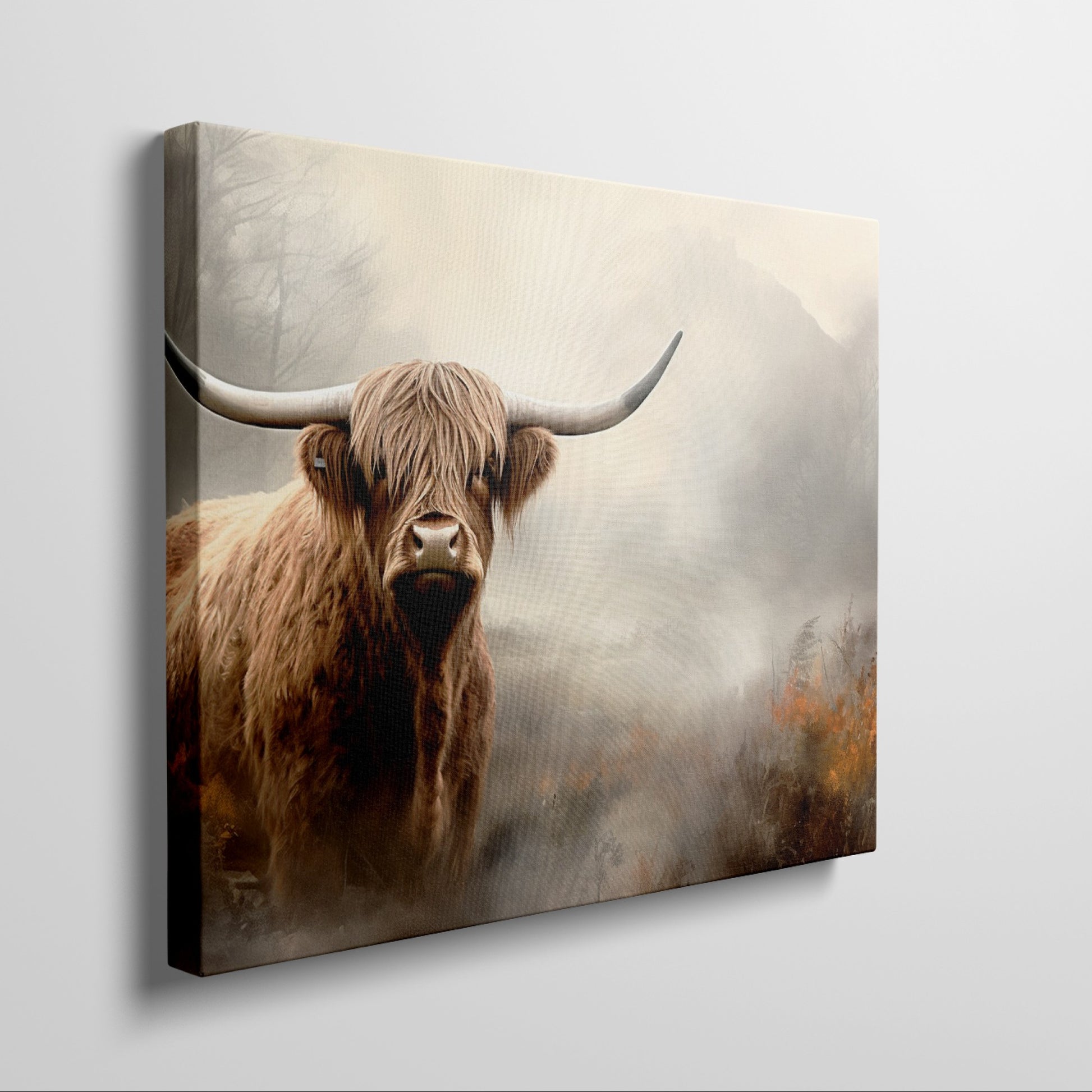 Framed canvas print of a majestic Highland Cow in a foggy autumnal landscape with warm earthy tones