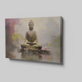 Framed canvas print of a serene Buddha in meditation, with vibrant, reflective water elements and a soft, modern background.