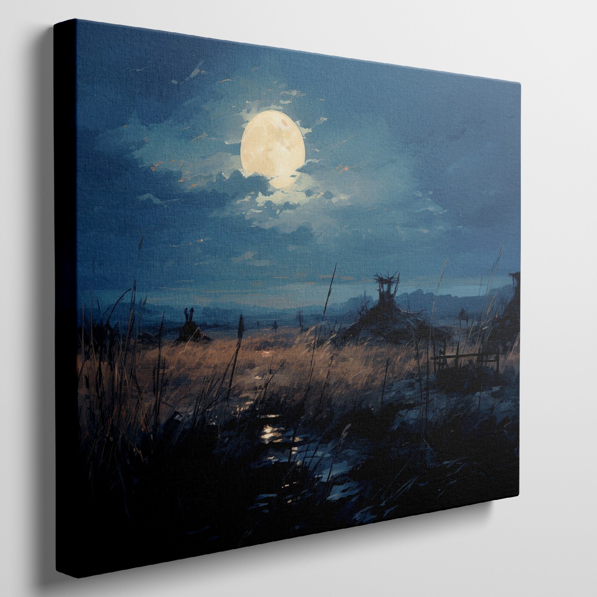 Framed canvas print of a moonlit rustic meadow with a full moon, golden tones and blue hues