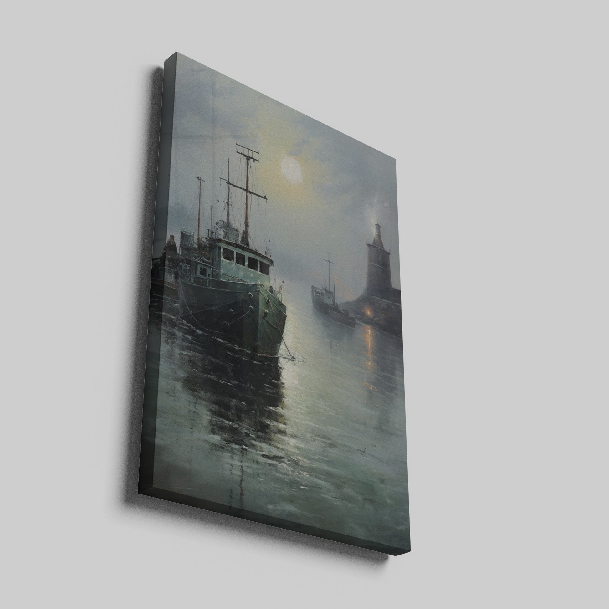 Framed canvas print of tranquil harbour scene with fishing boats and a lighthouse under a misty moonlit sky