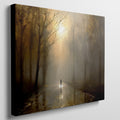 Framed canvas print of a mystical autumn forest with a lone wanderer on a sunlit path