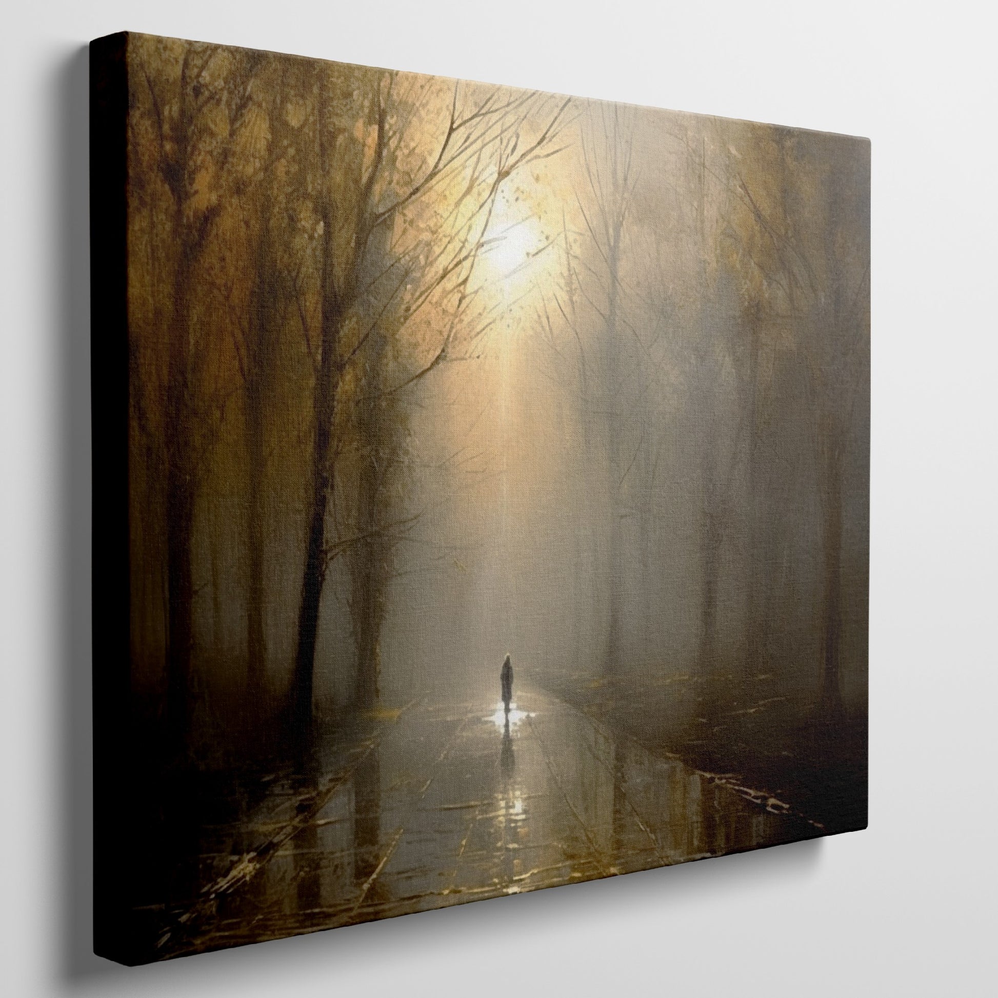 Framed canvas print of a mystical autumn forest with a lone wanderer on a sunlit path