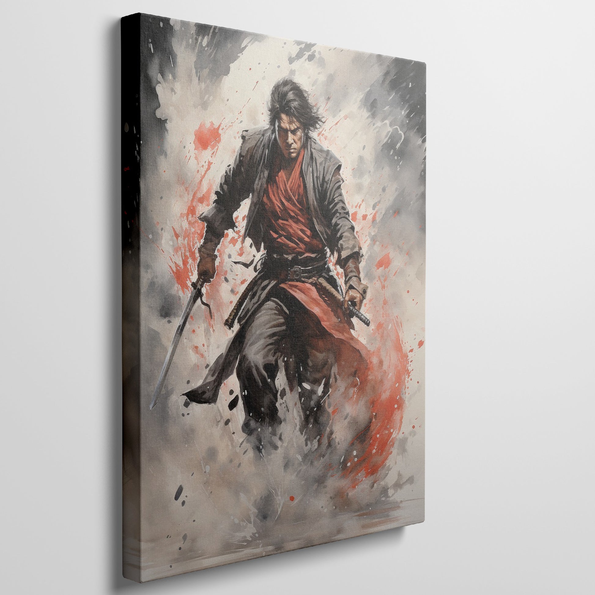 Framed canvas print of a dynamic Samurai warrior in watercolour style with vibrant red accents