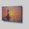 Impressionistic painting of a lighthouse at sunset with orange sky and blue sea