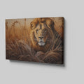 Framed canvas print of a realistic lion portrait in earthy tones