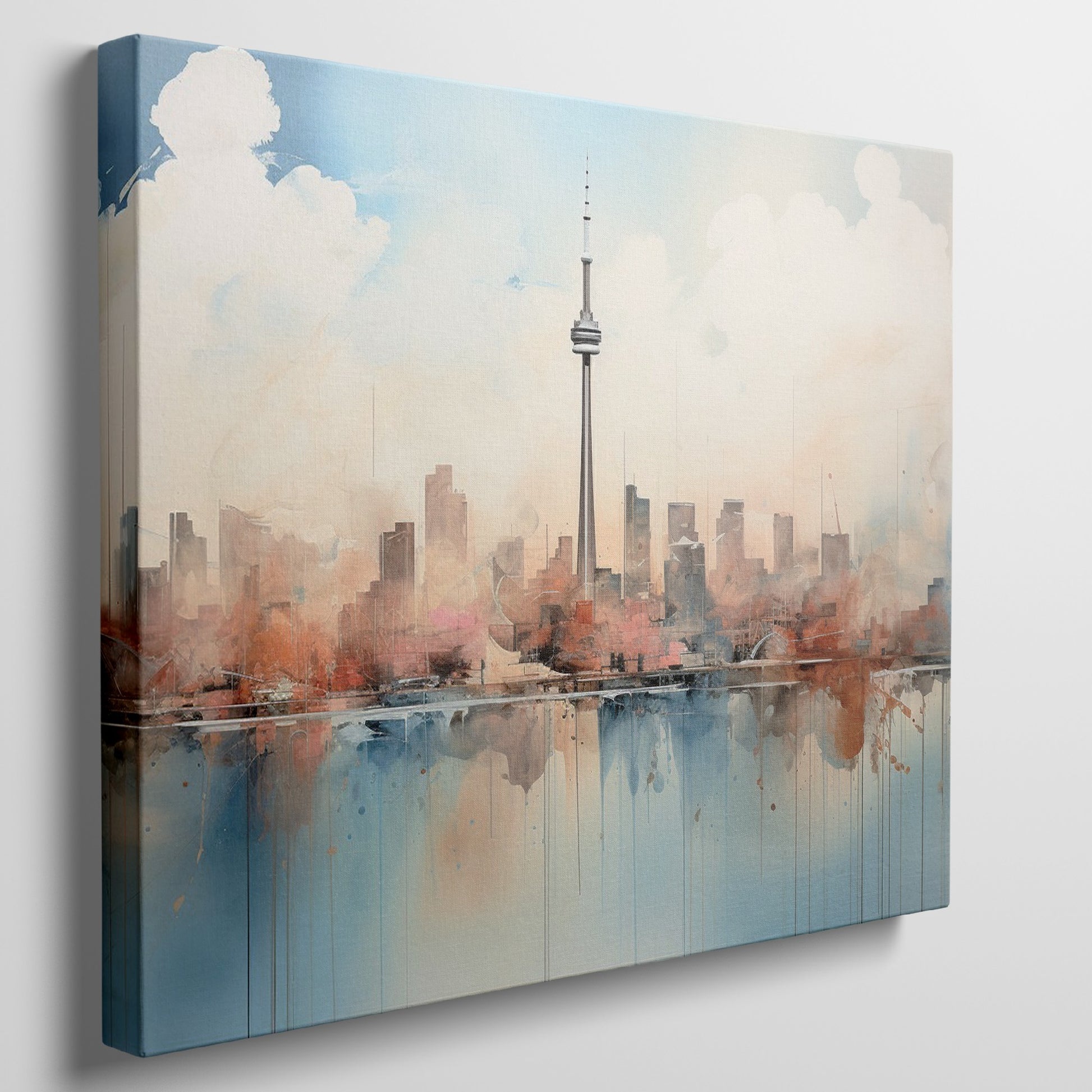 Framed canvas print of a soothing abstract cityscape with watercolour skyline and reflections