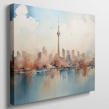 Framed canvas print of a soothing abstract cityscape with watercolour skyline and reflections