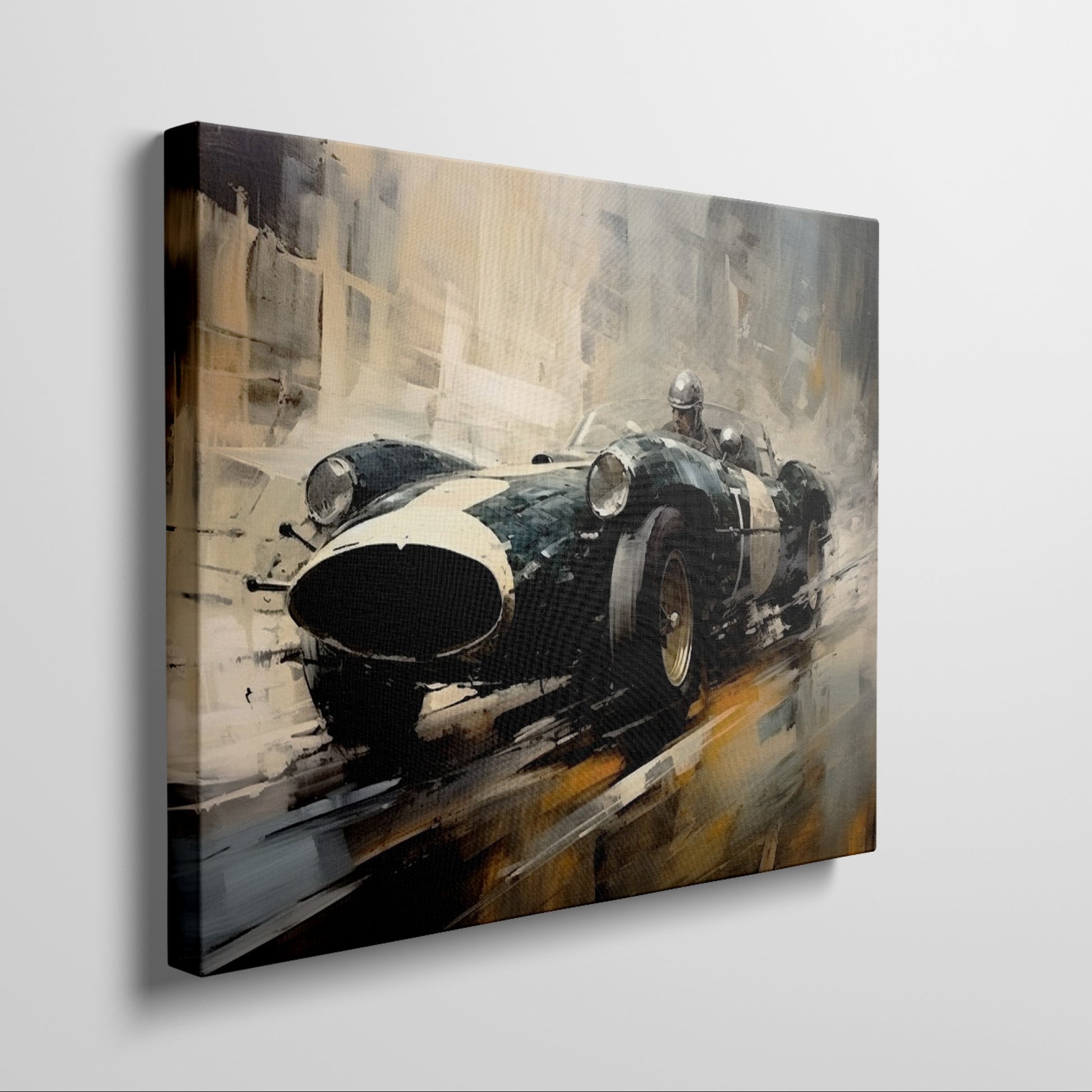 Framed canvas print of a vintage race car depicted in vibrant, artistic style