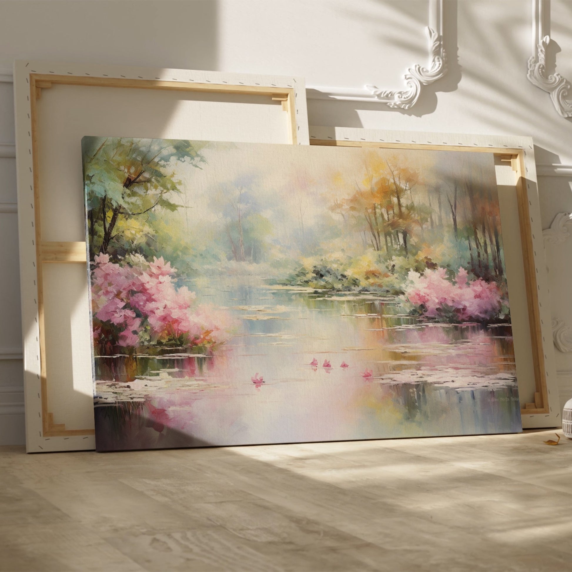 Framed canvas print of a serene impressionistic painting featuring a lake, azalea blooms, and a reflection of trees