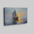 Framed canvas print of an impressionist painting depicting a sailing ship at sunset with warm hues and a serene seascape