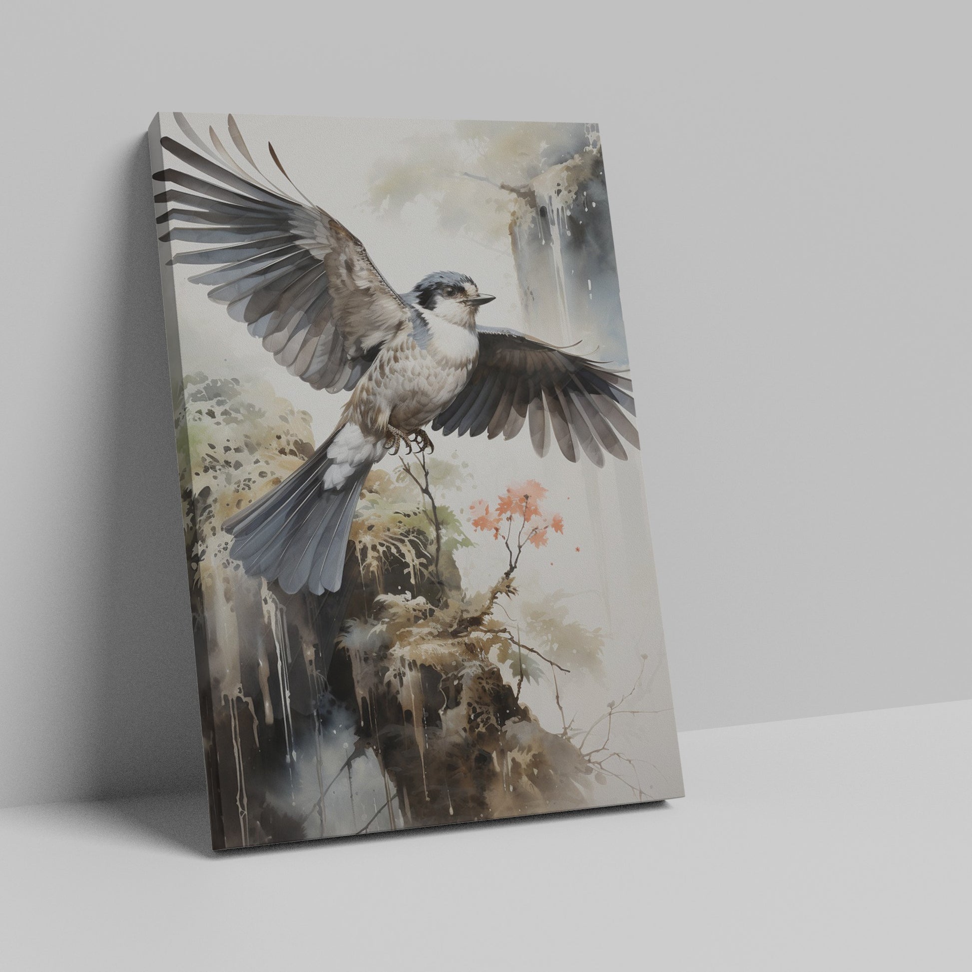 Framed canvas print of a majestic bird in flight with Asian inspired watercolour background