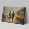 Framed canvas print of a couple's evening city walk with reflections and warm light tones