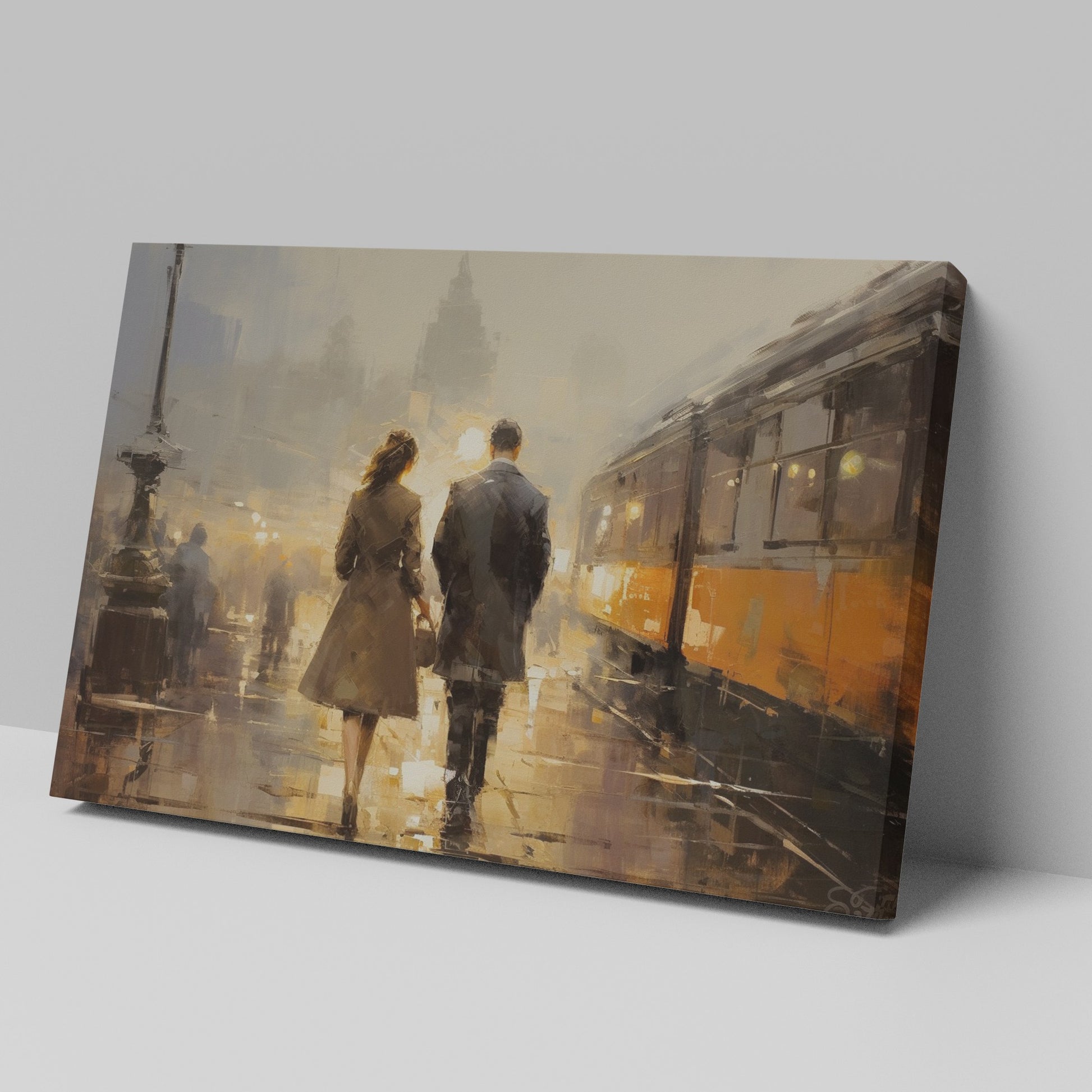 Framed canvas print of a couple's evening city walk with reflections and warm light tones