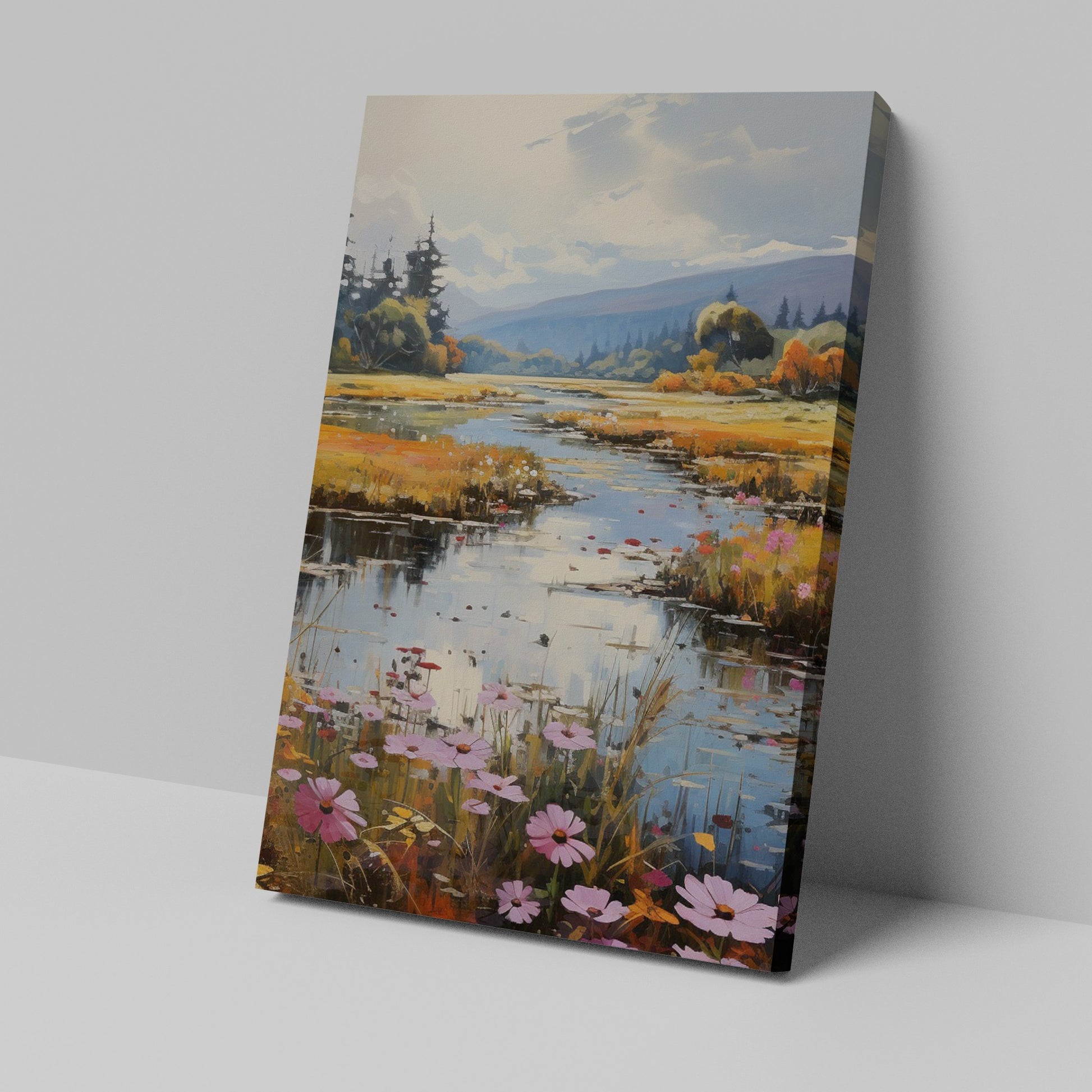 Framed canvas print of an autumnal river landscape with vibrant wildflowers and a tranquil woodland stream