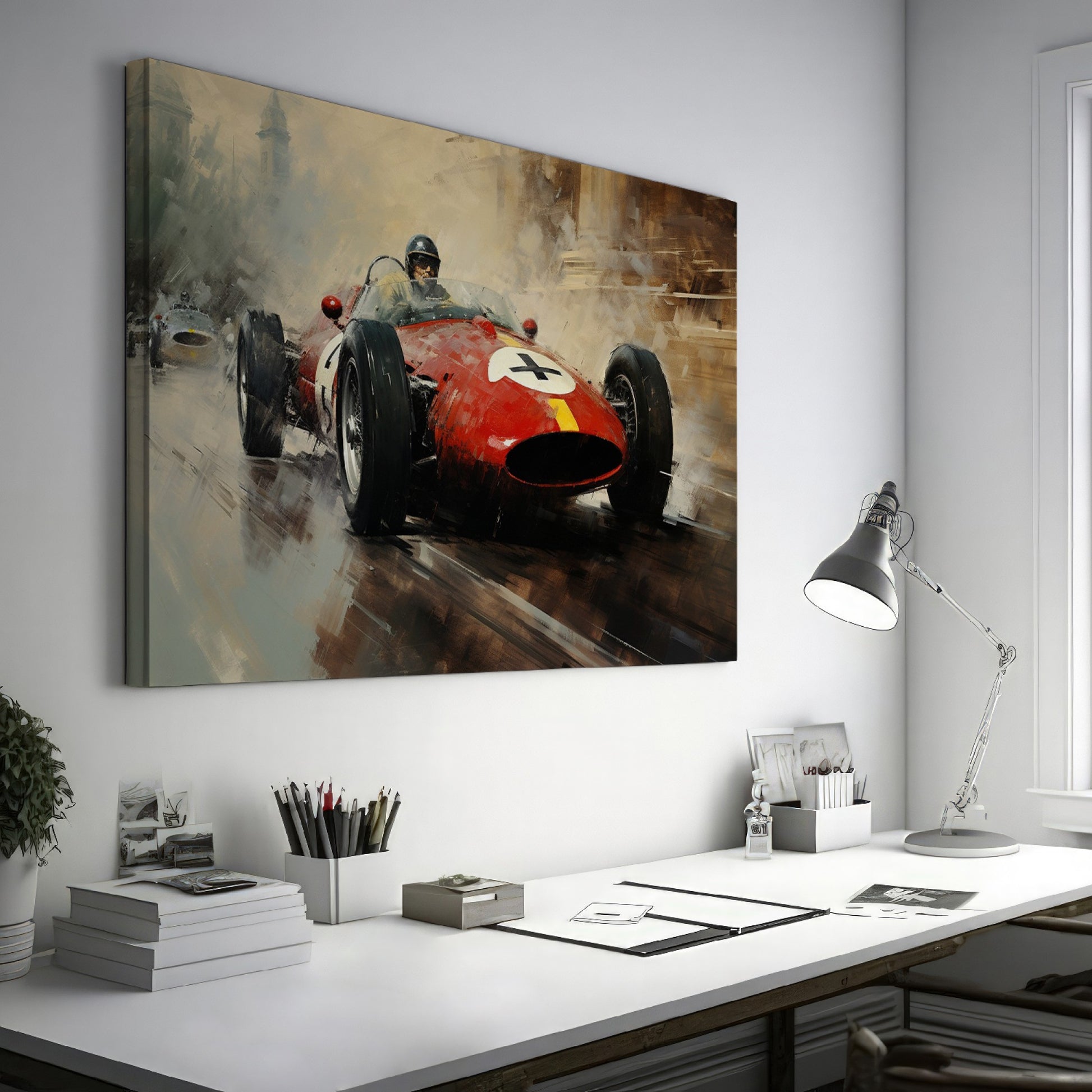 Framed canvas print of a vintage formula racing car in action with warm tones.