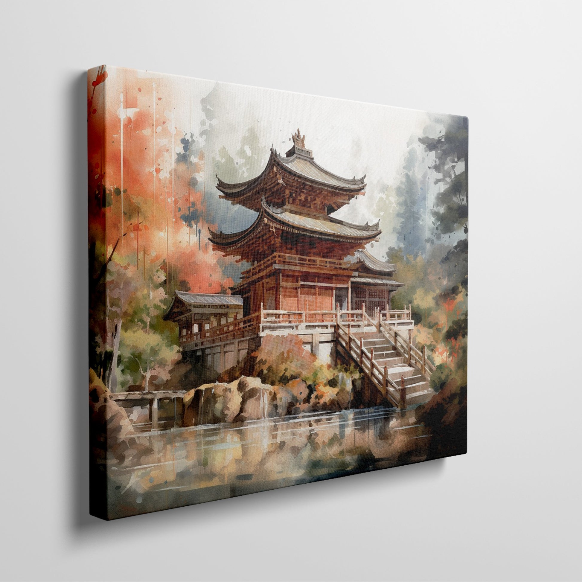 Framed canvas print of a Japanese temple amid autumn scenery with vibrant red and orange leaves