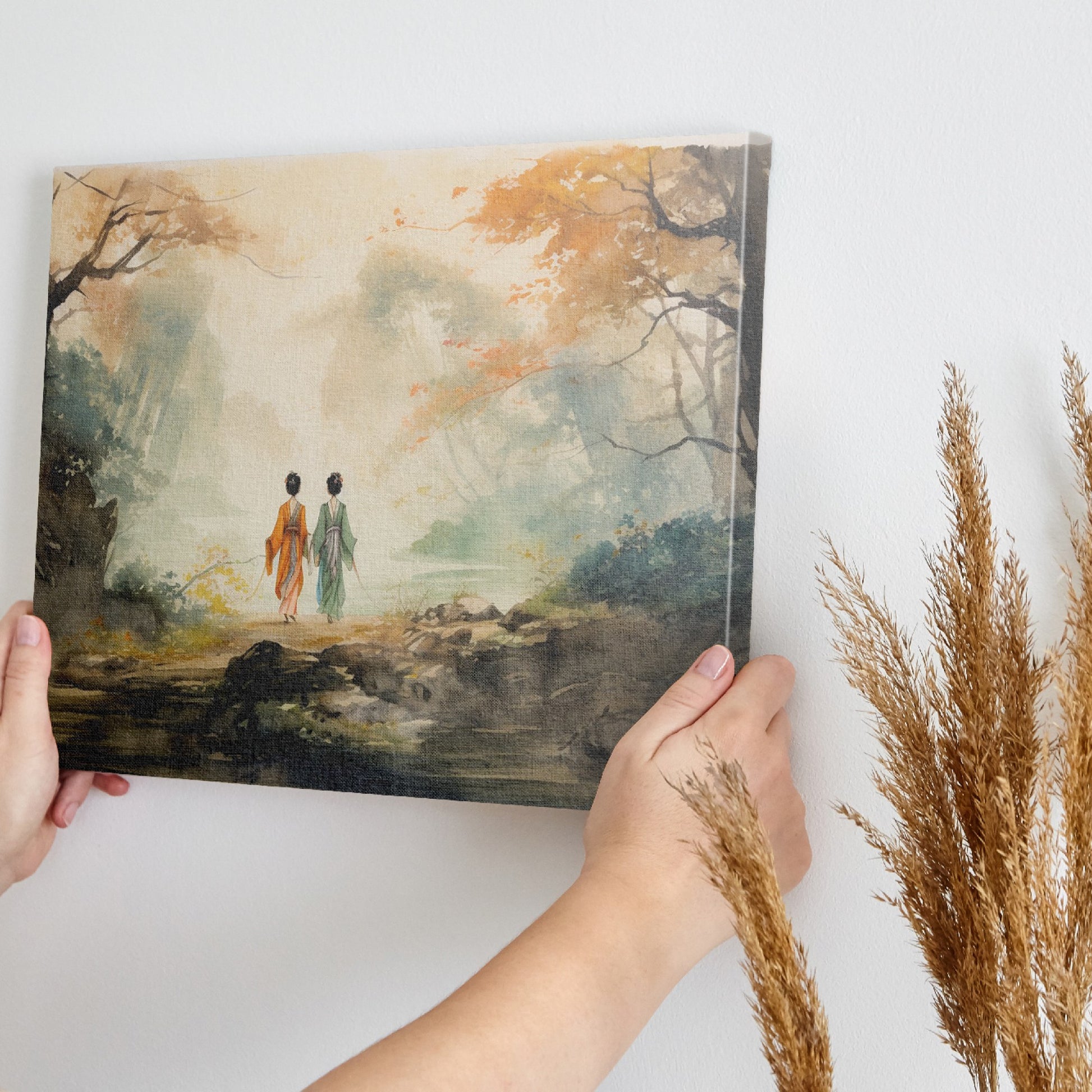 Watercolor painting of a couple walking in an autumnal Oriental landscape with misty background and vibrant foliage