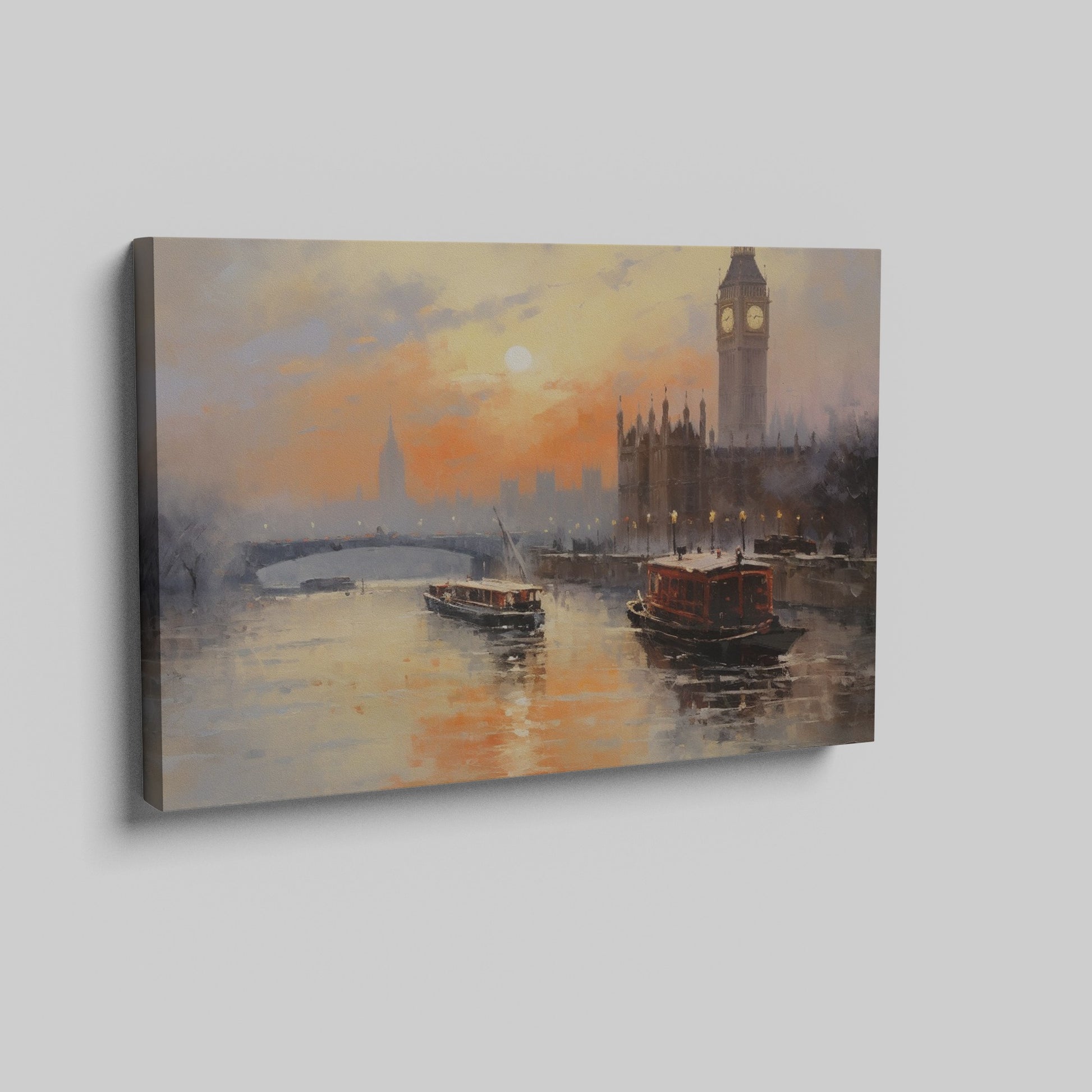 Framed canvas print of London's Westminster skyline at sunset with soft orange and blue tones