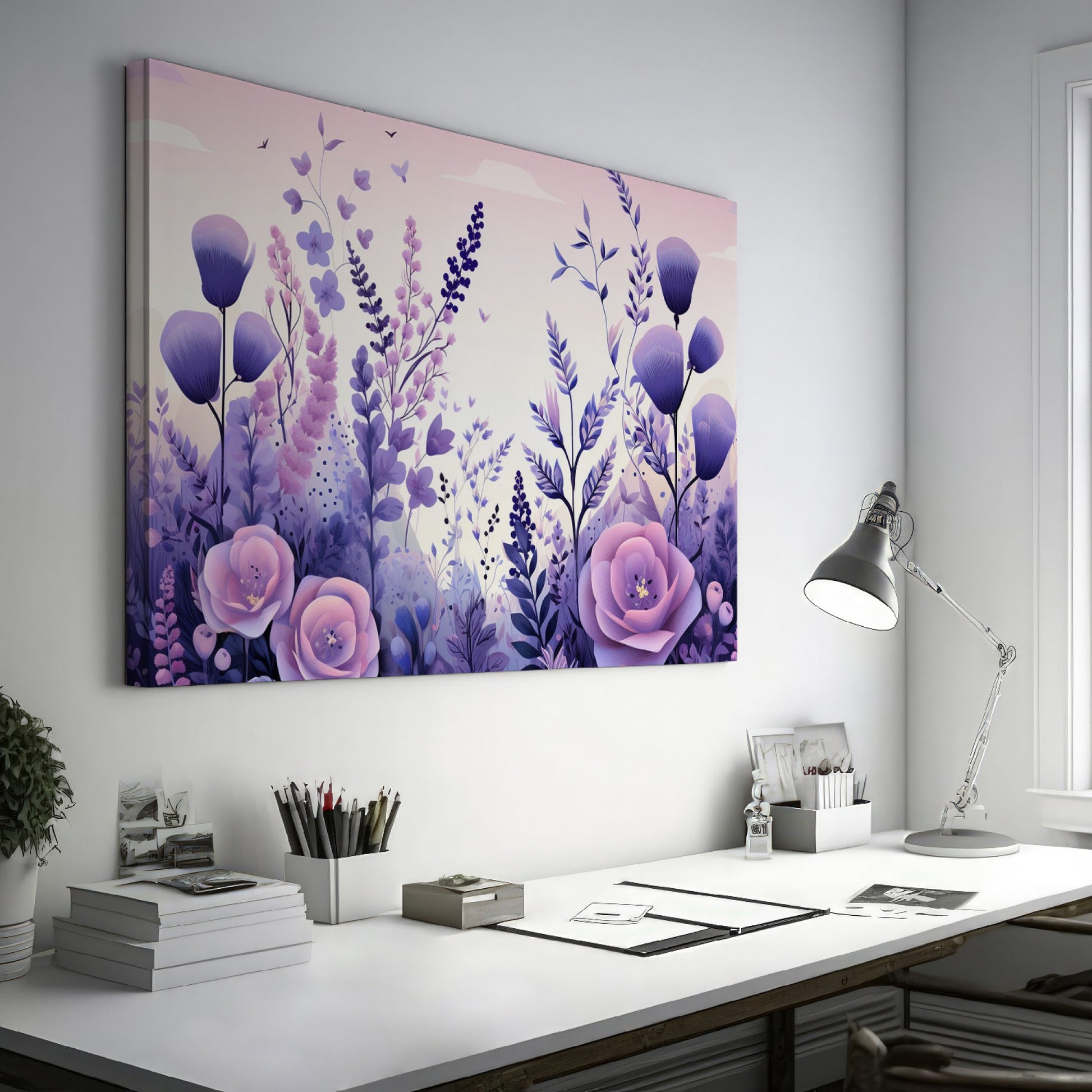 Framed canvas print of stylised floral meadow with pastel purple and pink tones