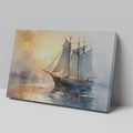 Framed canvas print of an impressionist-style sailing ship at sea during a warm, golden sunset with reflections on the water