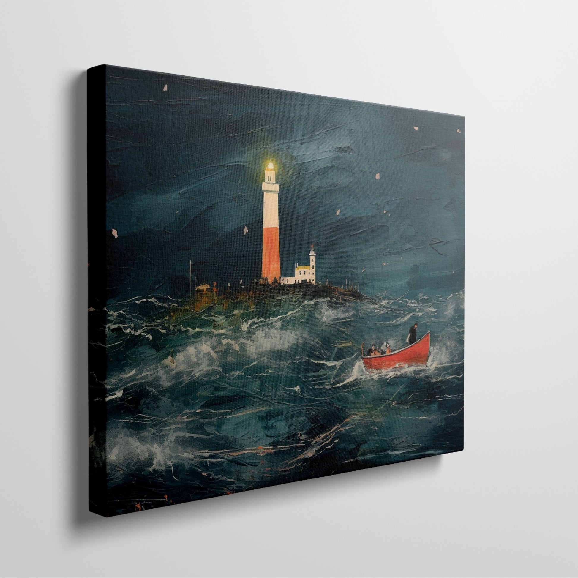 Framed canvas print of impressionist oceanic artwork featuring a bright lighthouse and a red boat in a stormy sea