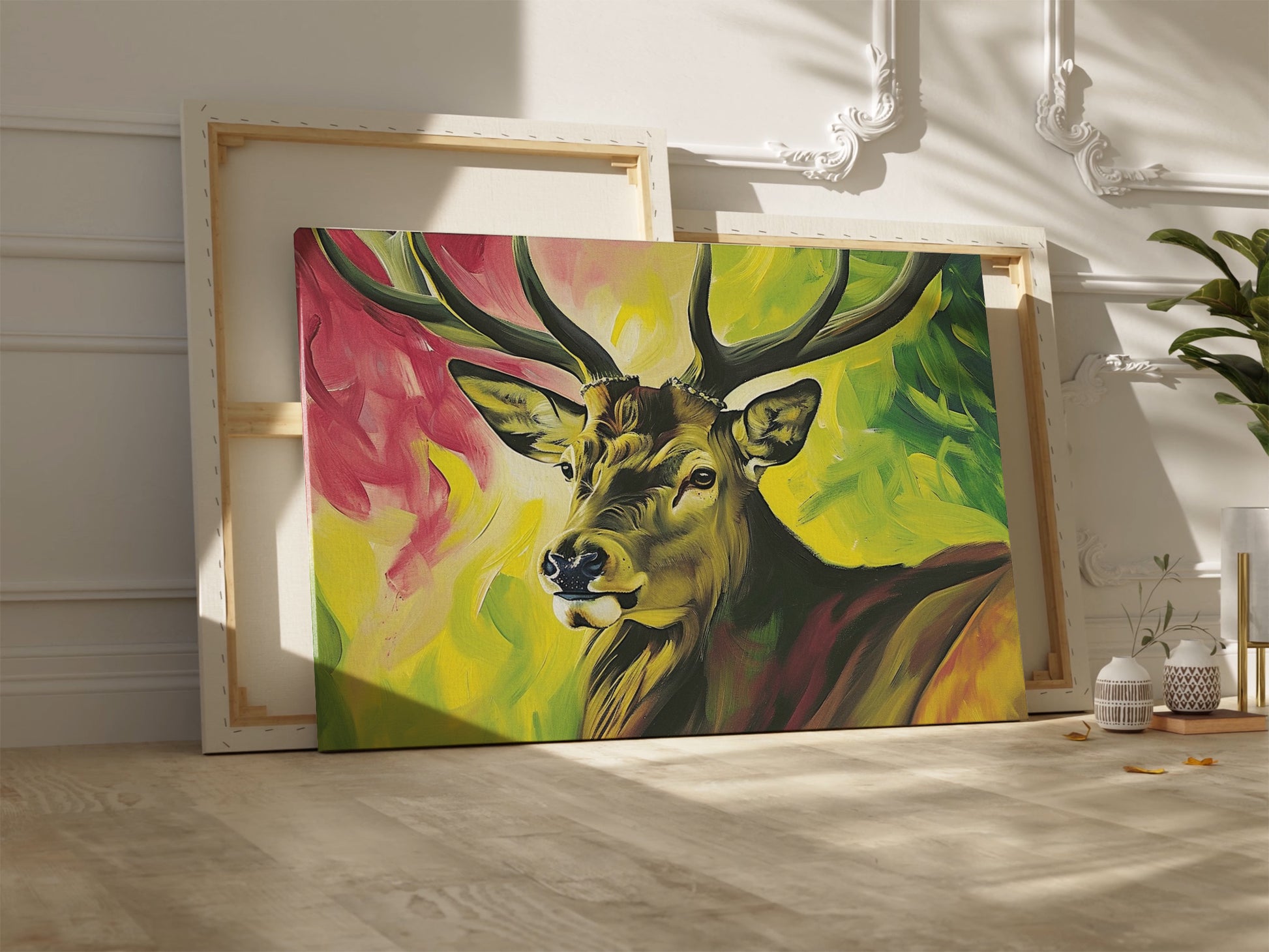 Framed canvas print of a vibrant stag painting with a multicoloured background