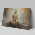 Framed canvas print of a meditative Buddha against an abstract, warm-toned background