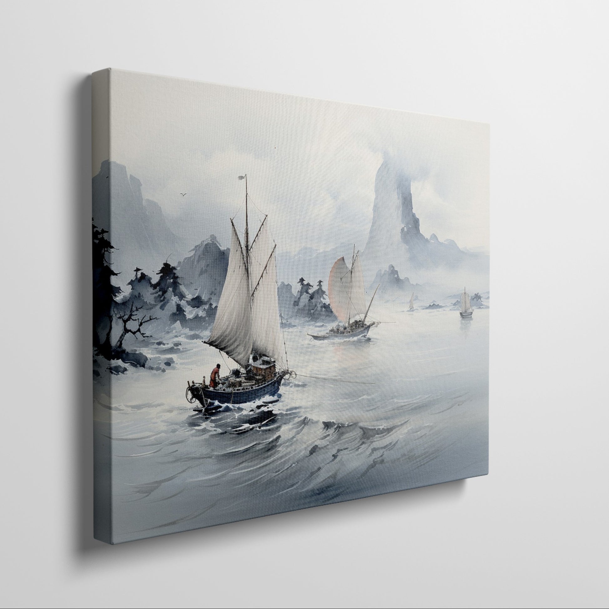 Framed canvas print of serene Oriental sailboats in watercolour with misty mountains and calm sea