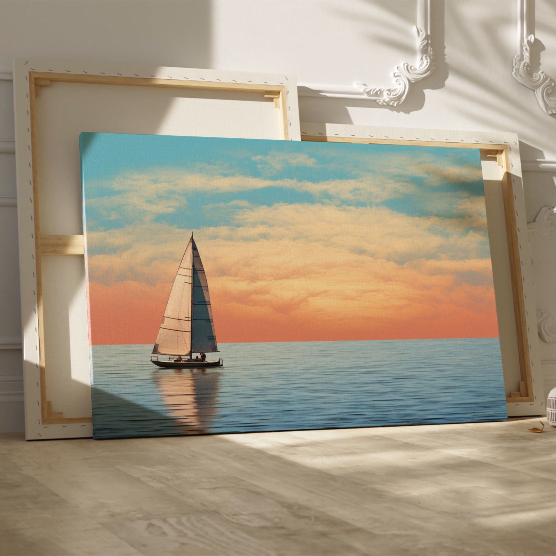 Sailboat on calming ocean waters during a vibrant sunset with orange and pink clouds in the sky.