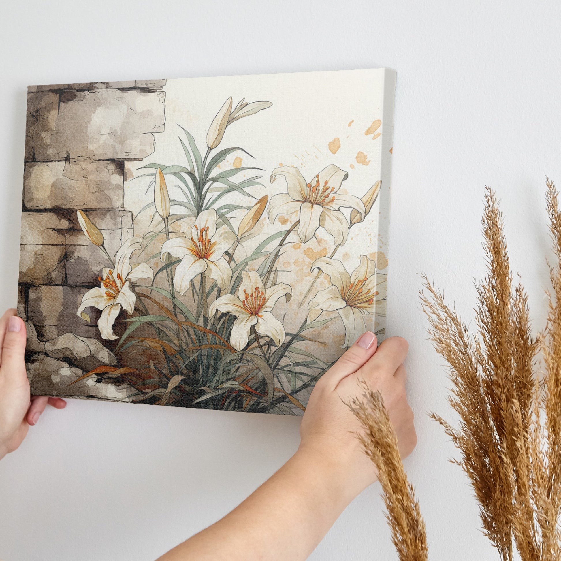 Framed canvas print of elegant white lilies with a rustic textured background in warm earthy tones