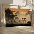 Framed canvas print of serene oriental pagoda scene with misty mountains and figures with umbrellas