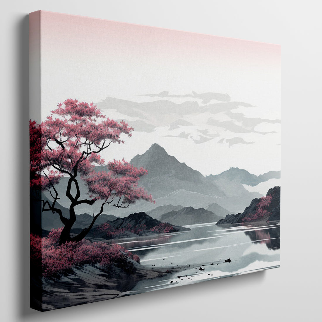 Framed canvas print of an oriental cherry blossom beside a reflective lake with mountain backdrop